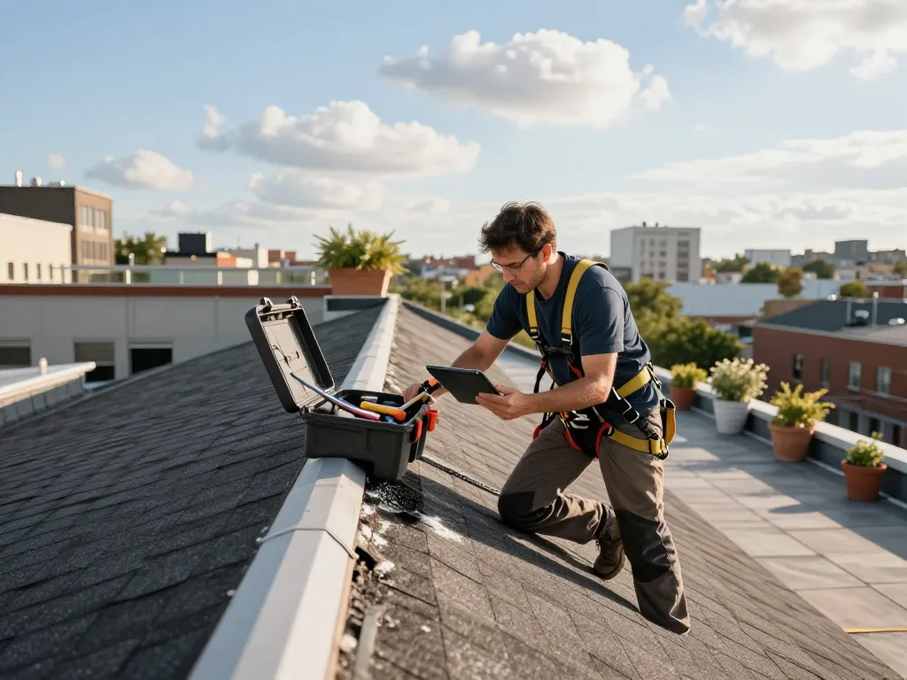 Expert dakinspectie en onderhoud op https://www.de-kraaij.com/dakonderhoud met een stedelijke skyline op de achtergrond en gereedschap.