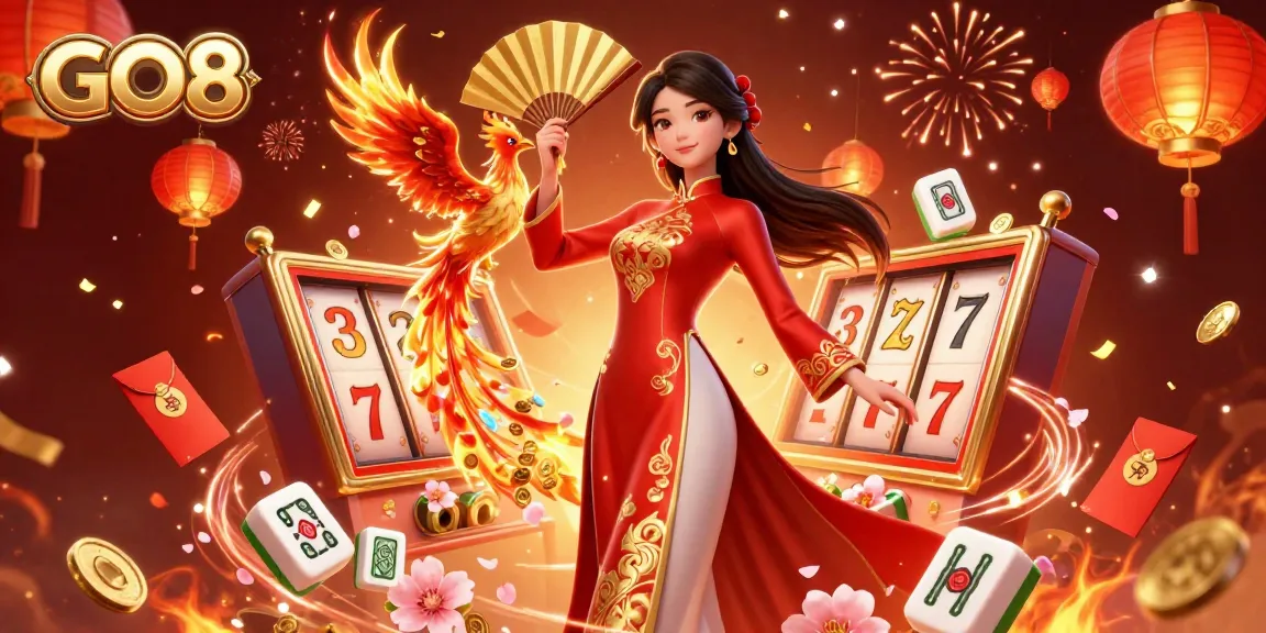 Engage with GO8's vibrant casino atmosphere featuring a woman in traditional attire and slot machine elements.