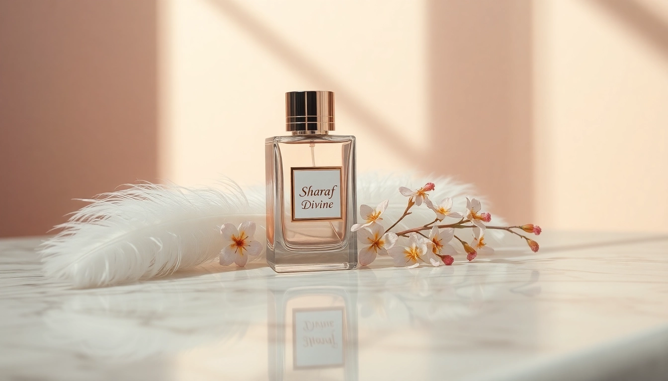 Scenting with Sharaf Divine by Zimaya, a luxurious perfume bottle surrounded by delicate flowers.