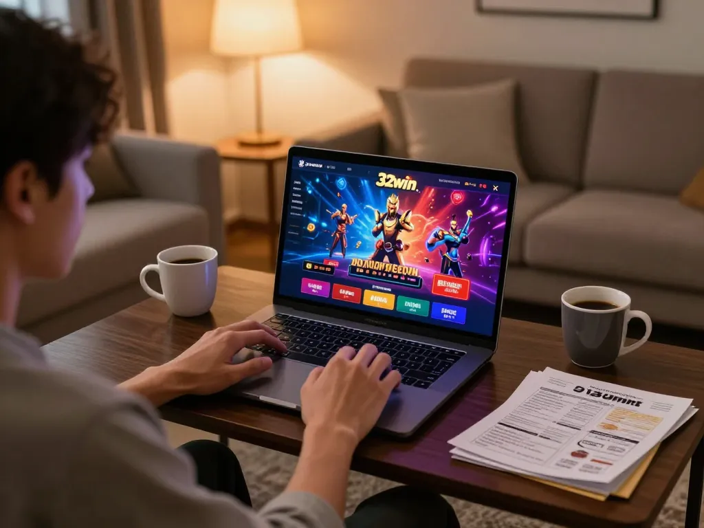 Player exploring 32win's online casino interface on a laptop in a comfortable home setting.