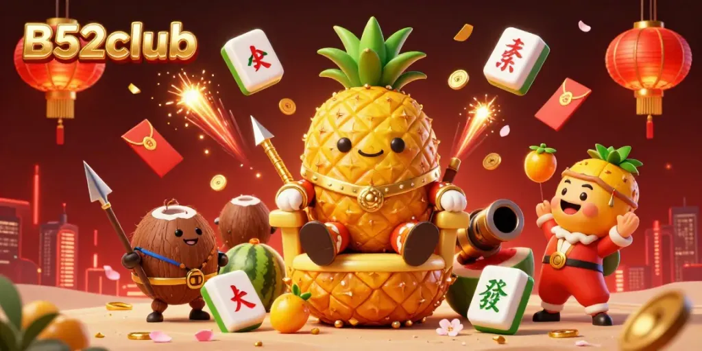 B52club experience with a vibrant casino scene featuring tropical characters and festive decorations