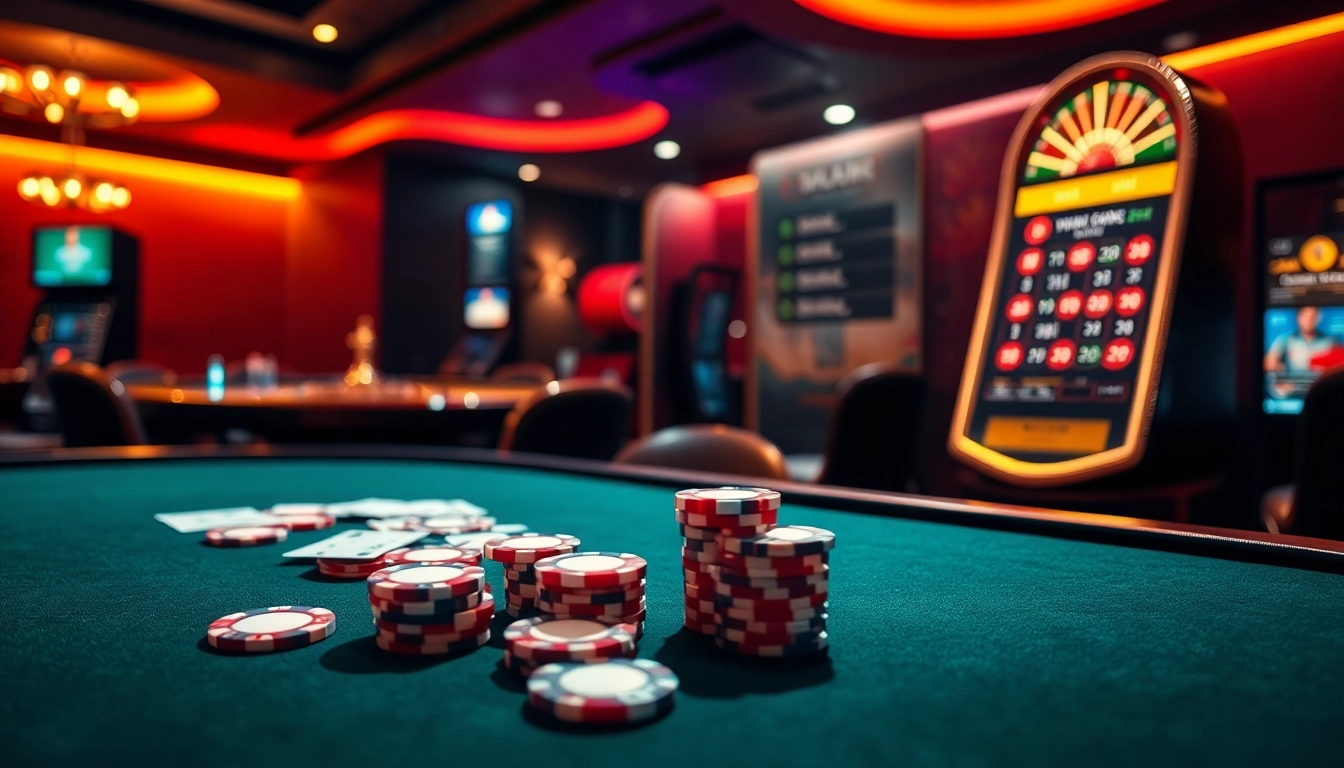 A thrilling gaming experience at Nhà Cái DA88 featuring a poker table and roulette wheel.