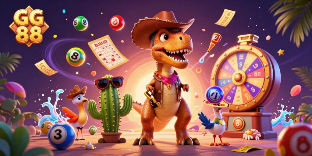 Join the fun with GG 88 in a vibrant 3D scene featuring gaming elements galore.
