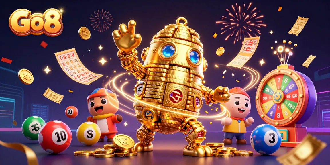 Play exciting games at Go8, featuring a golden golem surrounded by vibrant lottery elements.