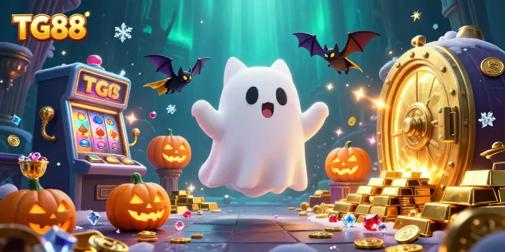 Experience thrilling fun at TG88 with a ghost cat and vampire bat in a vibrant casino