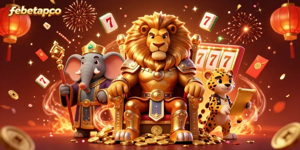 Experience the vibrant and captivating world of febetappco with a majestic lion king, his wise elephant advisor, and a speedy cheetah amidst gambling elements.