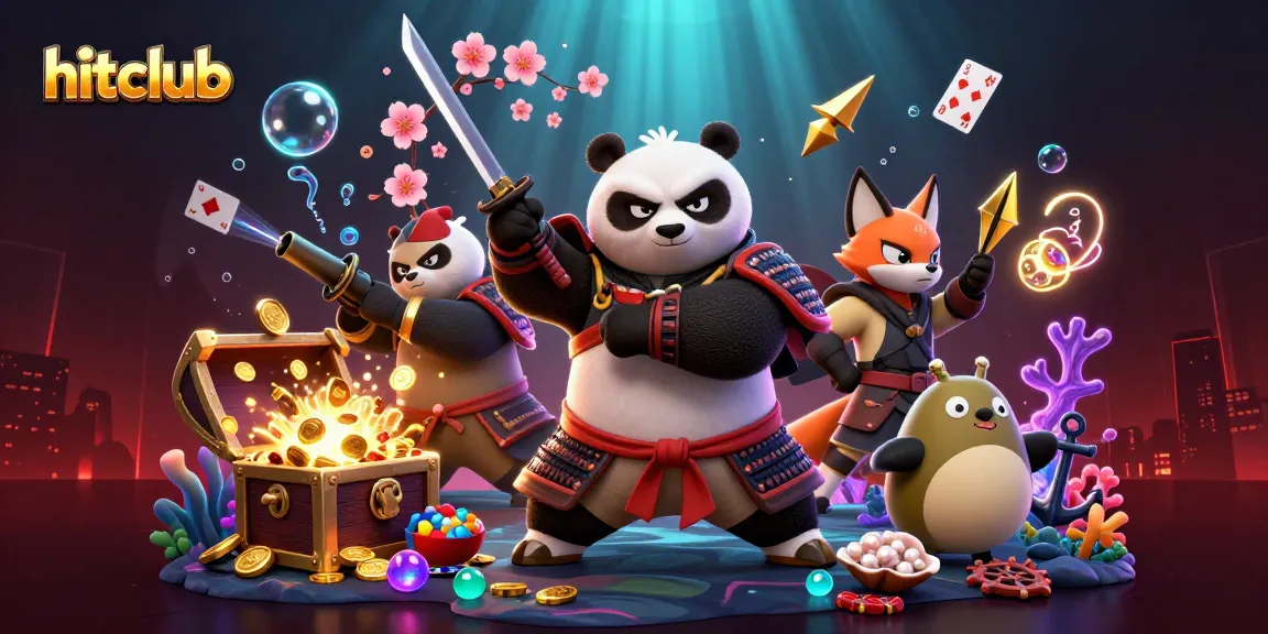 Experience the thrill of hitclub as samurai panda and ninja fox embody gaming excitement with magic and treasure.