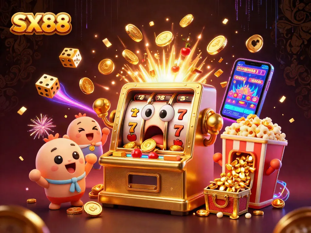 SX88 slot machine hits jackpot showering coins as baby slots cheer in lively casino scene.