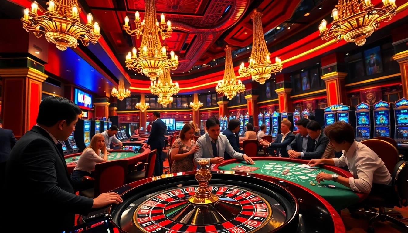 Experience luxury gaming at Ku88 uy tín's vibrant casino, showcasing roulette tables and excited players.