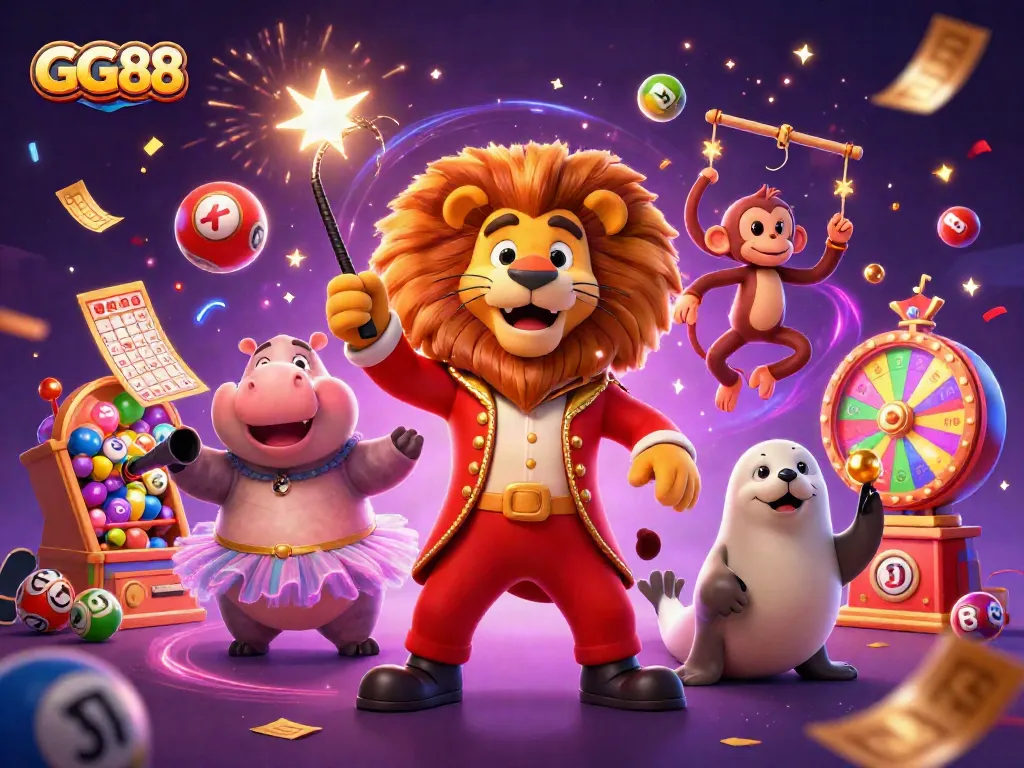 Experience winning thrills with GG88 in this vibrant, multi-character casino scene featuring lively circus animals and dynamic game elements.