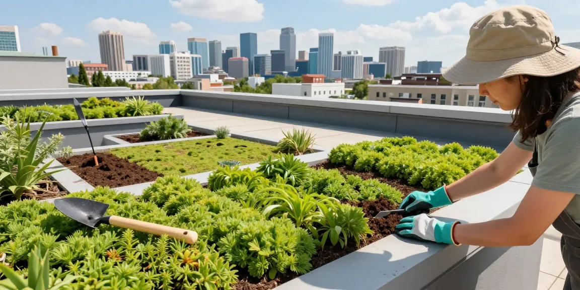 Het installeren van sedum dak opbouw met levendige groene planten op een stedelijk dak