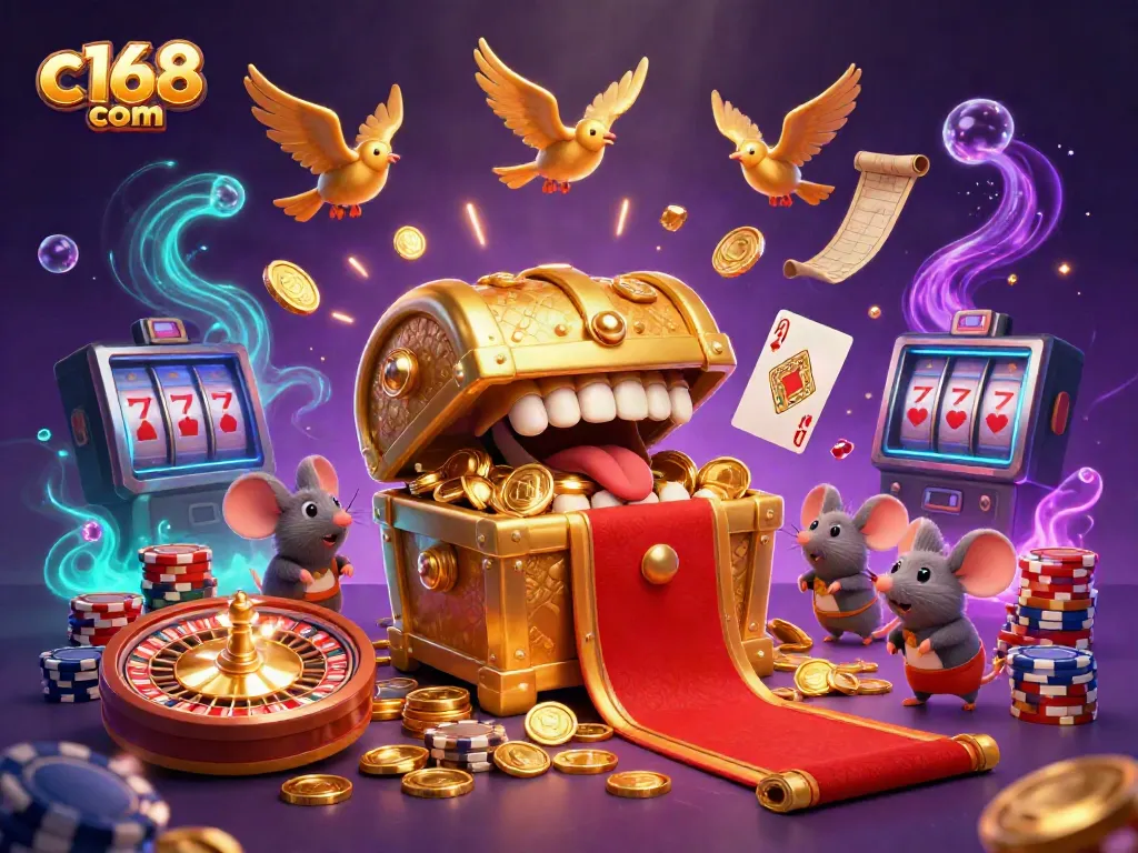 C168 com showcases a vibrant casino scene with golden treasures enticing adventurous mice to riches.