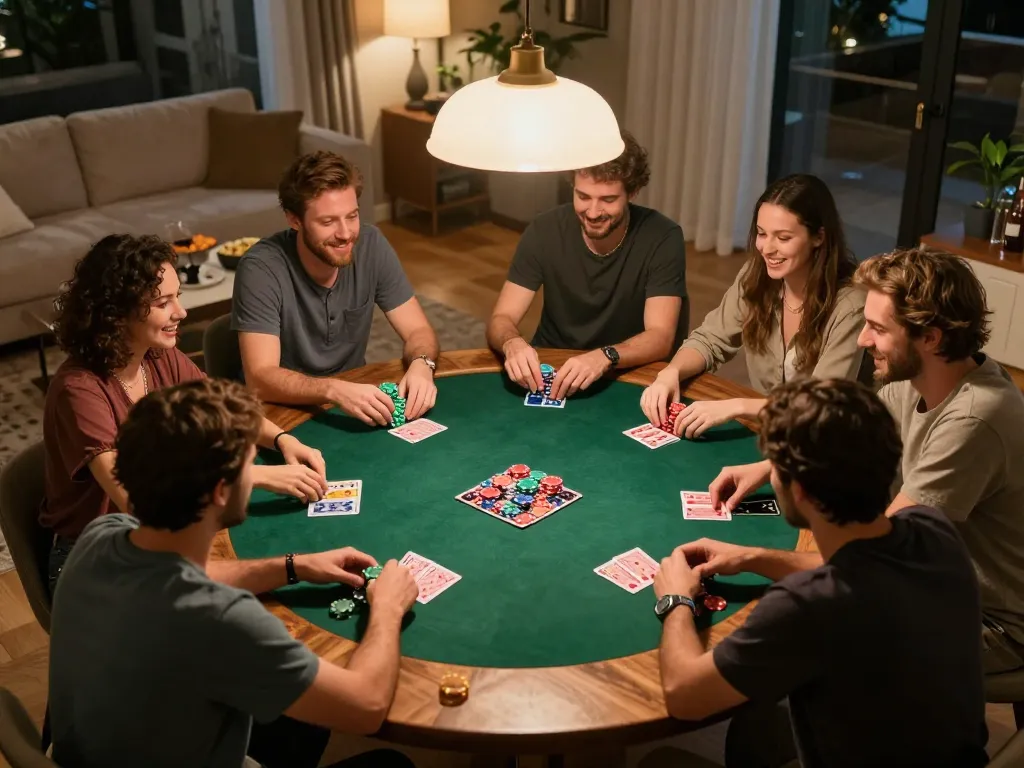 Friends enjoying a competitive poker night at home, showcasing strategic gameplay with 98win9 ambiance.