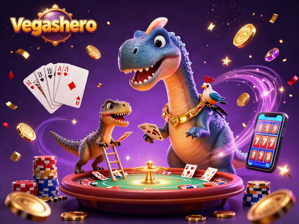 Experience the excitement at vegashero casino with a fun, lively 3D cartoon scene of gaming characters and elements.