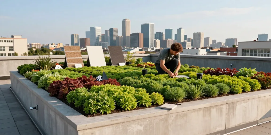 Laaggedekte sedum dak opbouw met levendige sedum planten en bouwmaterialen op een stedelijk dak