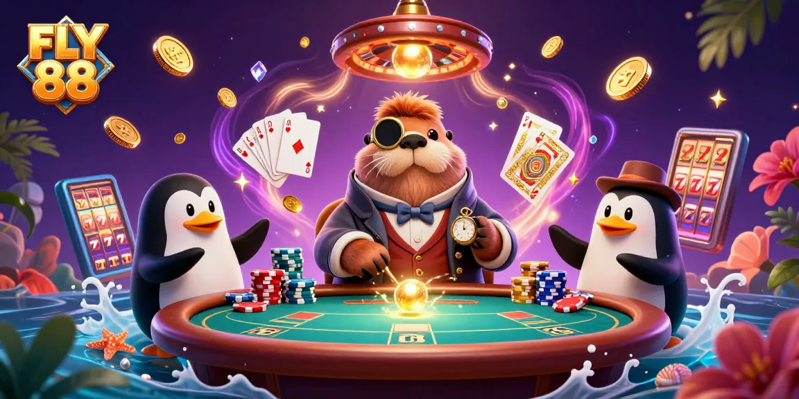 Playing cards and bright gems surround FLY 88's casino scene with playful characters.