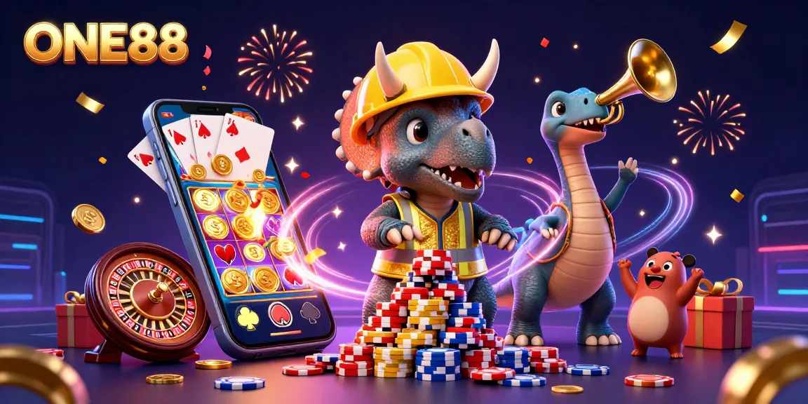 ONE88 players celebrating jackpot wins with vibrant 3D characters and casino elements, capturing the thrill of gaming.