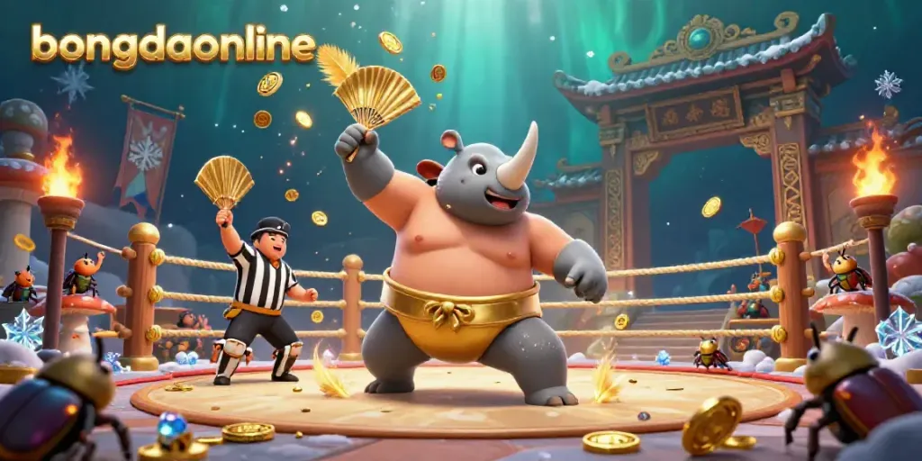 bongdaonline showcases a cartoon rhinoceros beetle champion amid flying coins in a vibrant online gambling arena