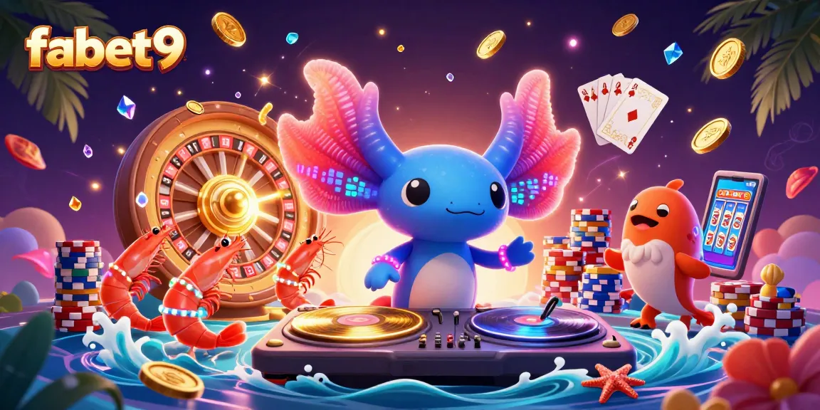 Experience excitement with fabet9 as colorful characters play casino games amid cascading coins and gems.