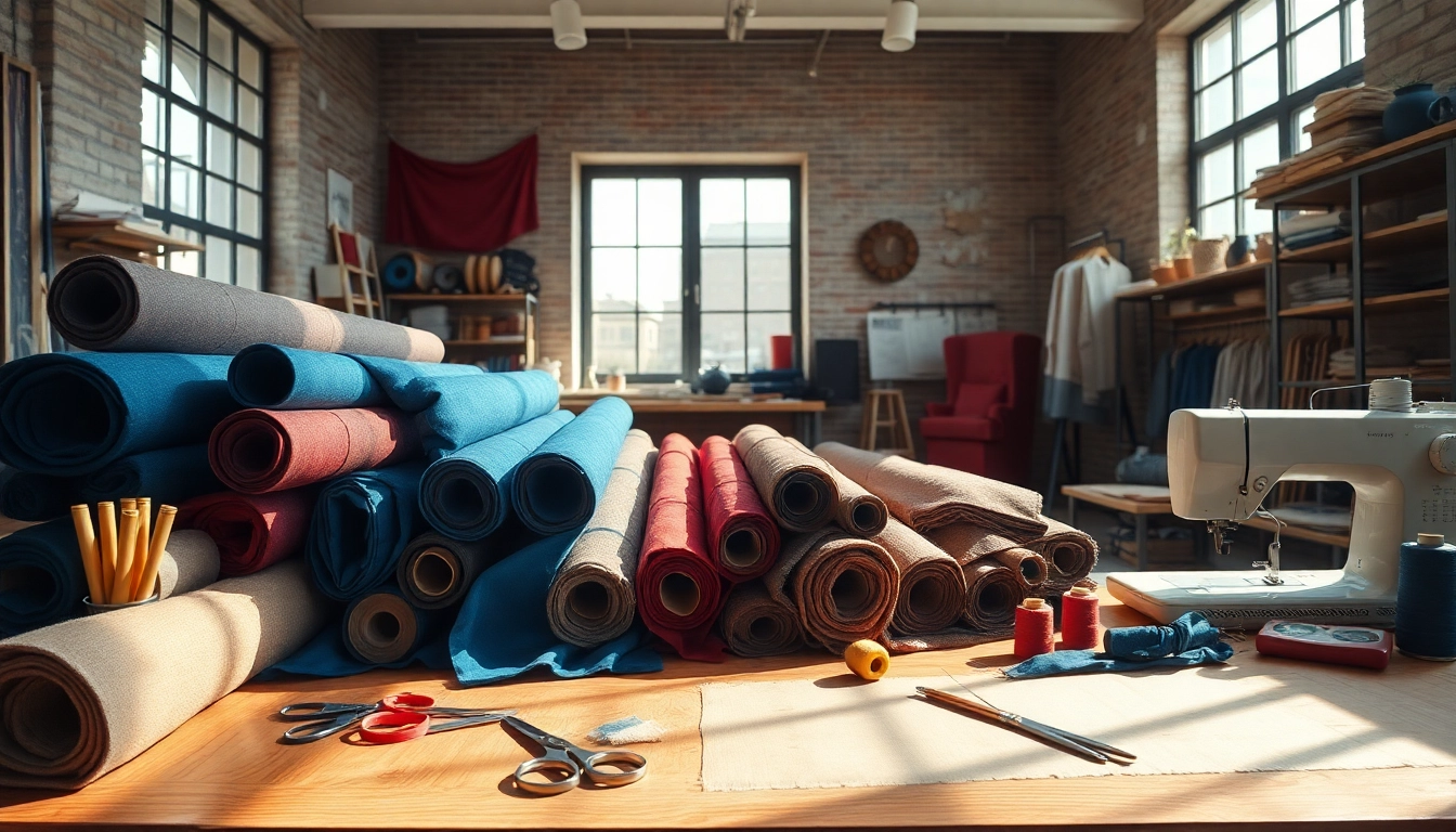 Ontdek canvas stof per meter in een inspirerende studio met kleurrijke materialen en ontwerptools.