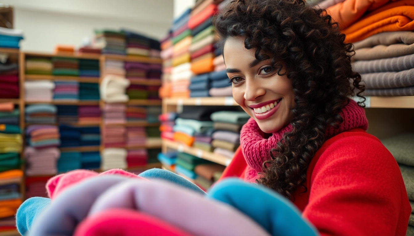 Koop fleece stof kopen in een kleurrijke stoffenwinkel met diverse texturen.