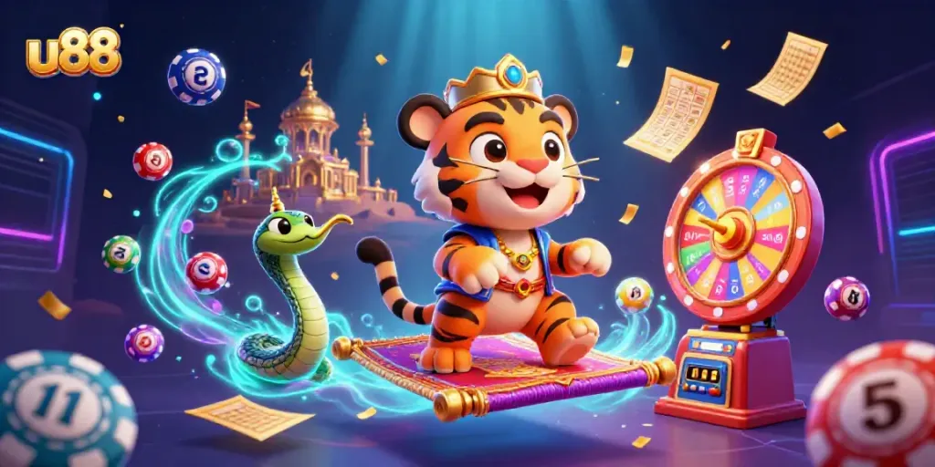 Experience thrilling wins at u88 with a vibrant scene featuring a sultan, genie, and dynamic lottery elements.