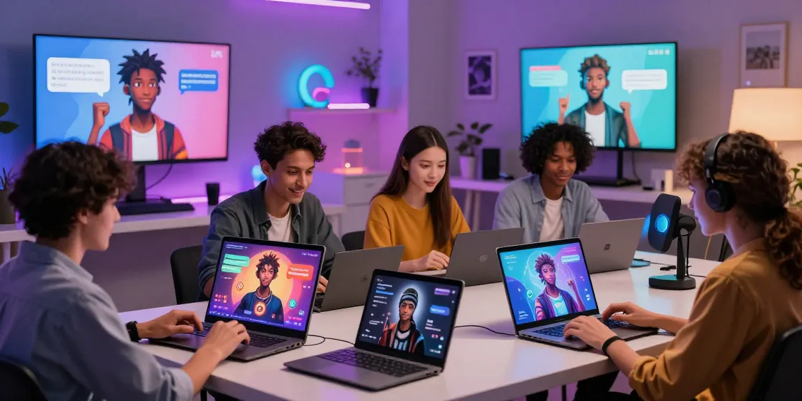 Engaging users interacting with nsfw character ai on modern devices in a vibrant workspace