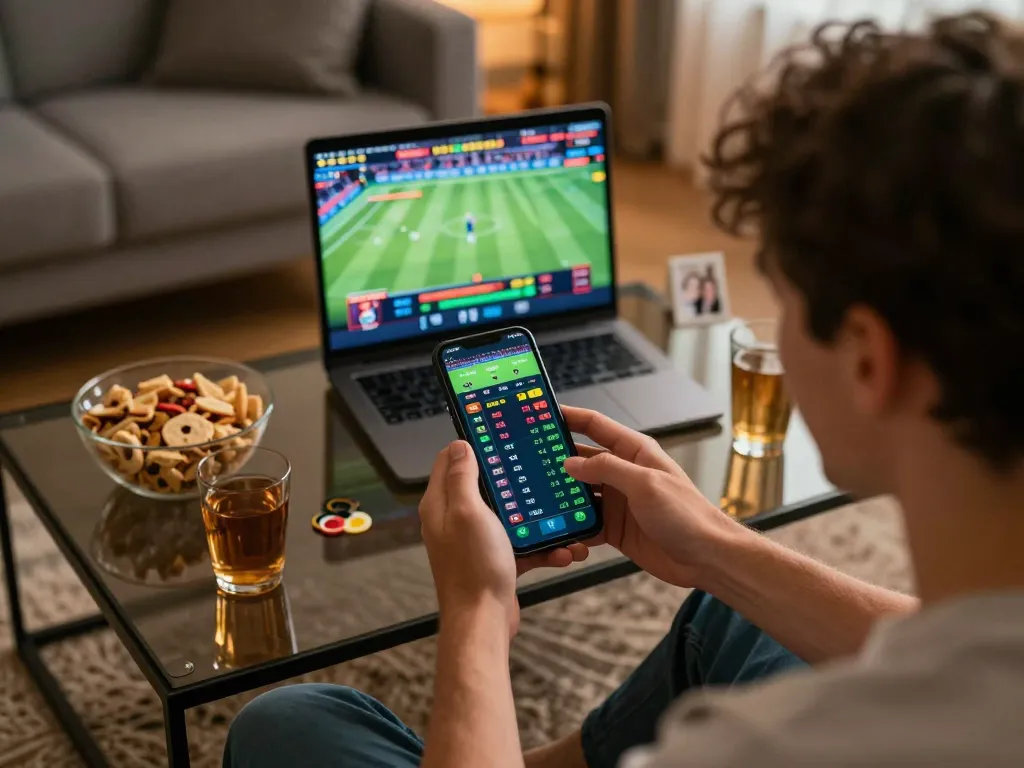Engaging in online betting on Link mới Sky88 with live sports odds on a smartphone in a cozy setting.