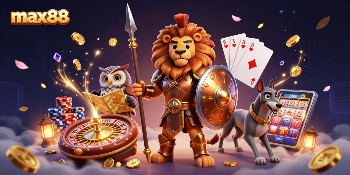 Bet on big wins at max88 with dynamic gaming elements and vibrant 3D illustration.