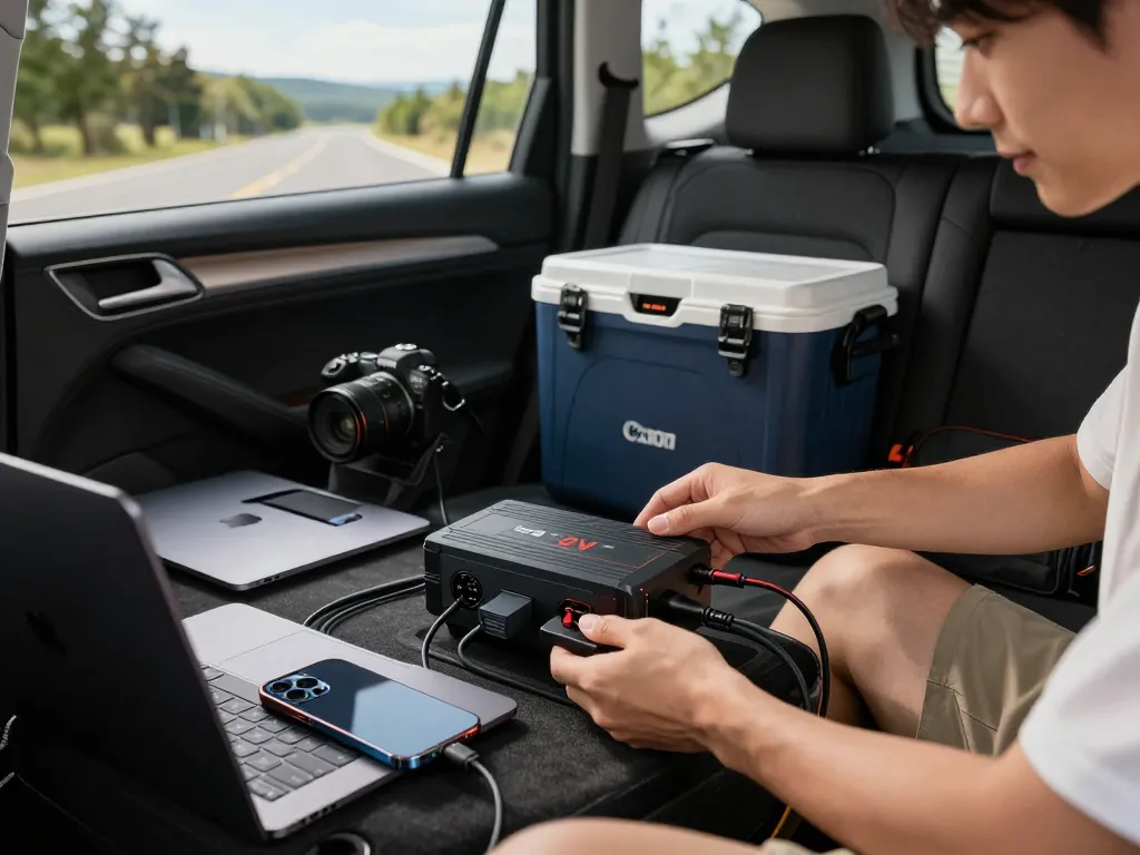Interieur van een auto met een omvormer geïnstalleerd, die apparaten oplaadt tijdens een roadtrip avontuur.