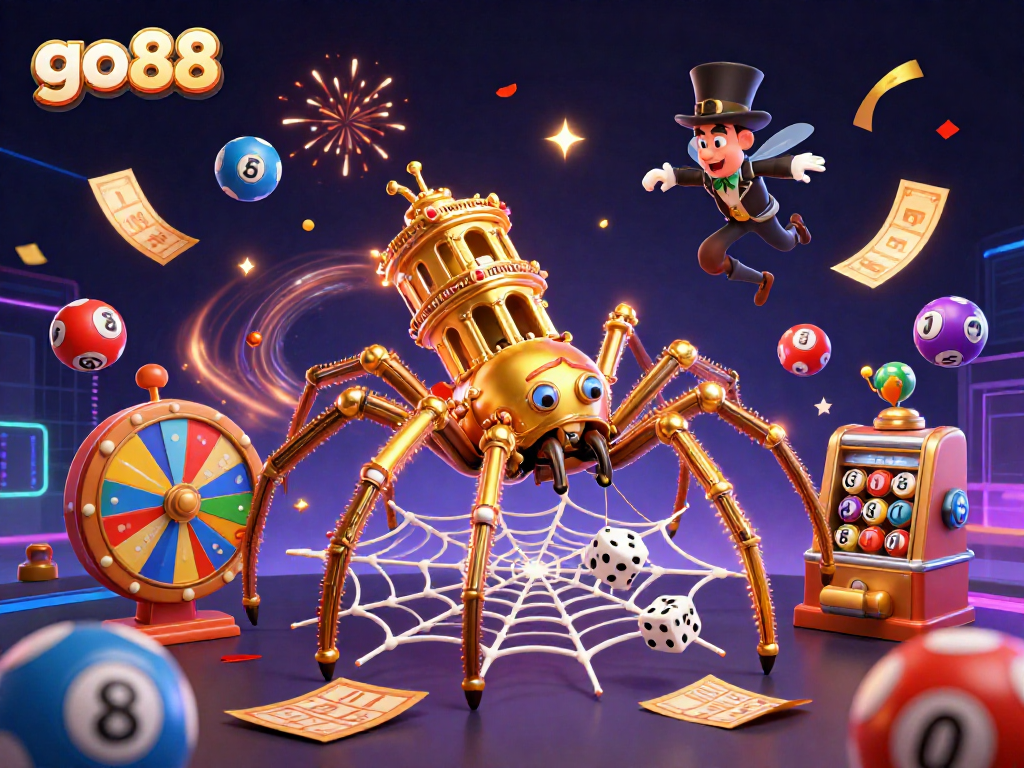 Experience the excitement of go 88 as a steampunk golden spider catches dice amidst vibrant lottery elements.