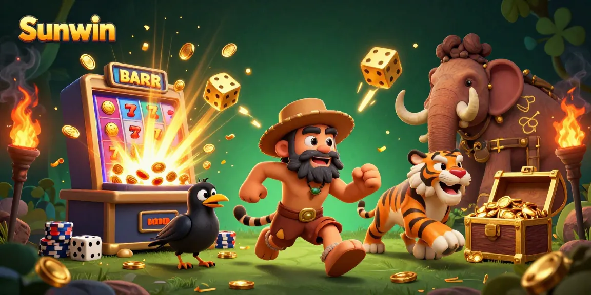 Sunwin casino features engaging 3D art with characters winning jackpots amidst vibrant game elements.