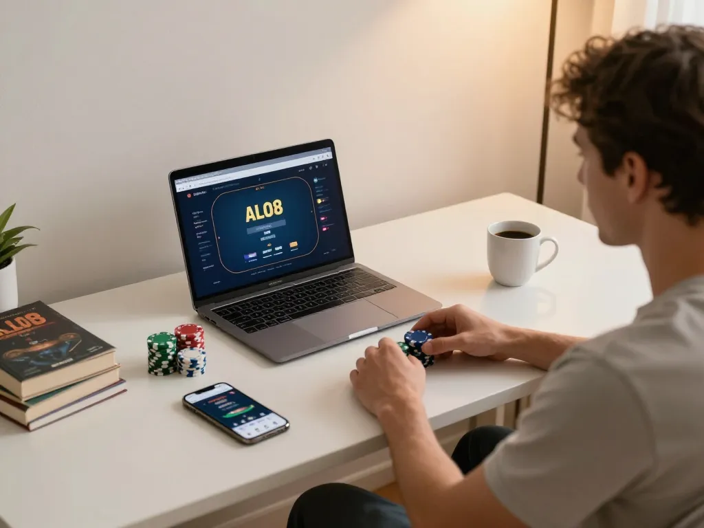 Player engaging with ALO8 online poker game on laptop, modern home setting.