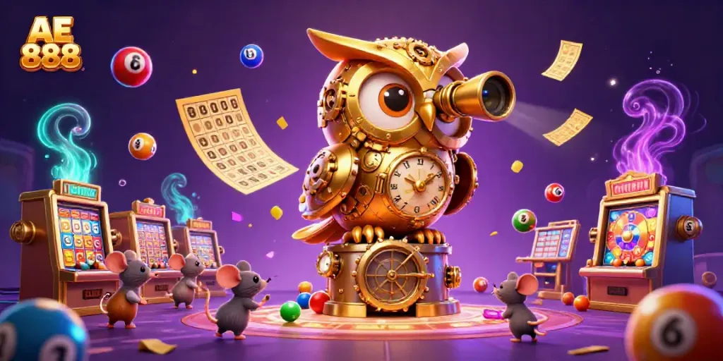 A dynamic casino scene showcasing AE 888 with a golden owl and wind-up mice among vibrant game elements.
