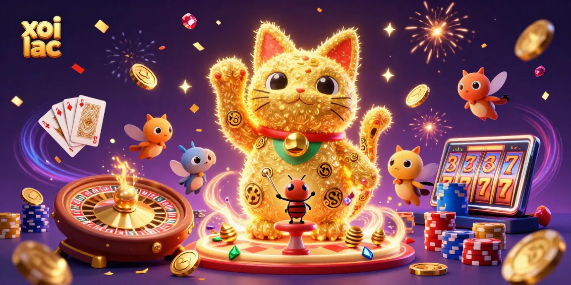 Experience dynamic xoi lac gaming with a lucky cat represented by fireflies, vibrant casino elements.
