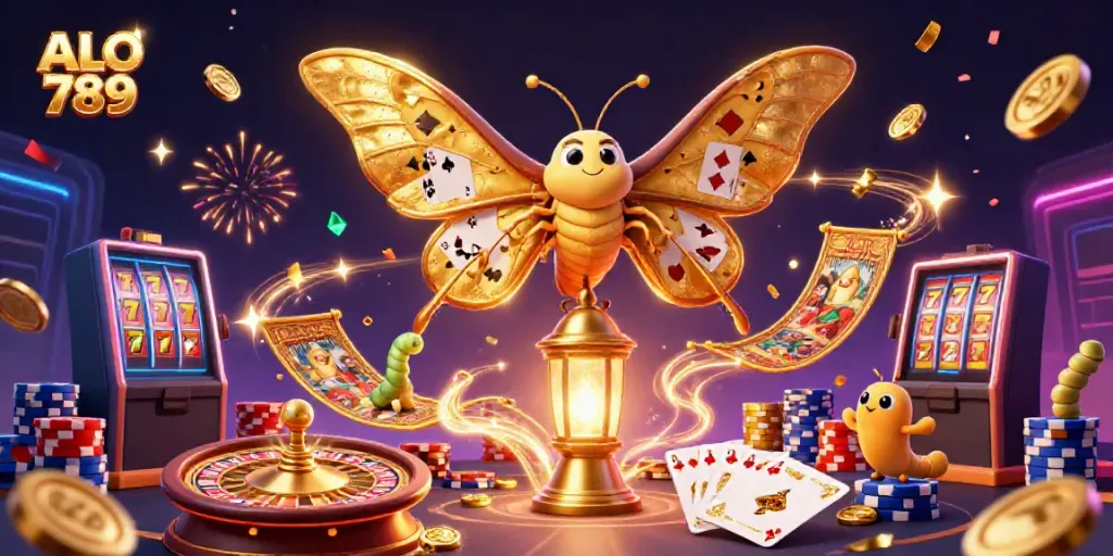 Engage in thrilling casino action with ALO 789, showcasing golden moths and lavish game elements.