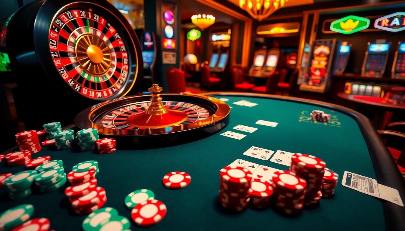 A dynamic casino scene from https://rr88.bar/ showcasing an intense poker game with colorful chips, cards, and a roulette wheel.