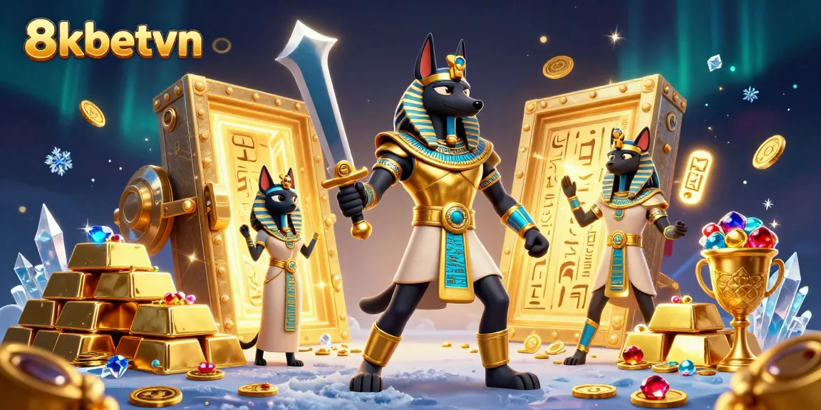 Bet on thrilling adventures with 8kbetvn, featuring Anubis and Bastet amidst gold treasures.