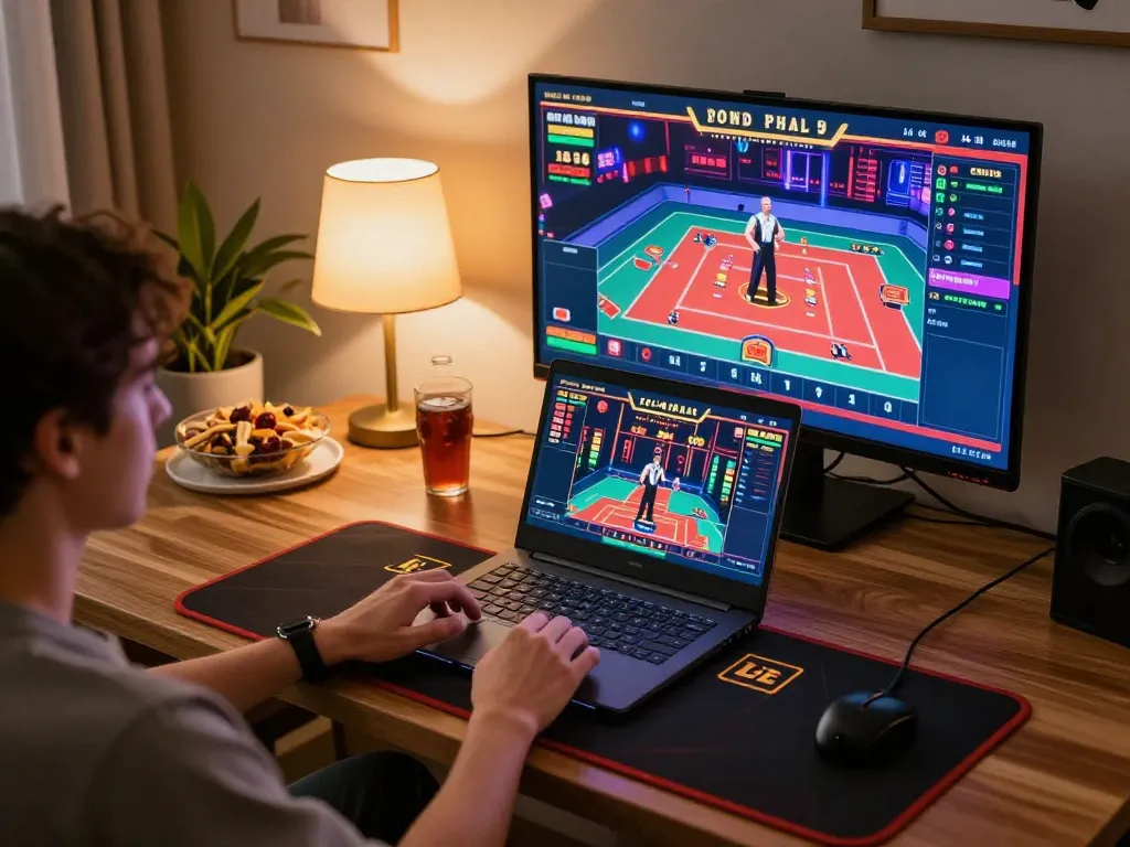 Player enjoying online casino games at home on a laptop, showcasing Uk88 gaming experience.