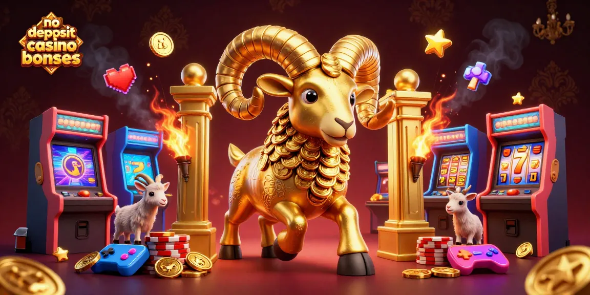 No deposit casino bonuses showcased with dynamic golden ram and casino elements in a rich 3D illustration.