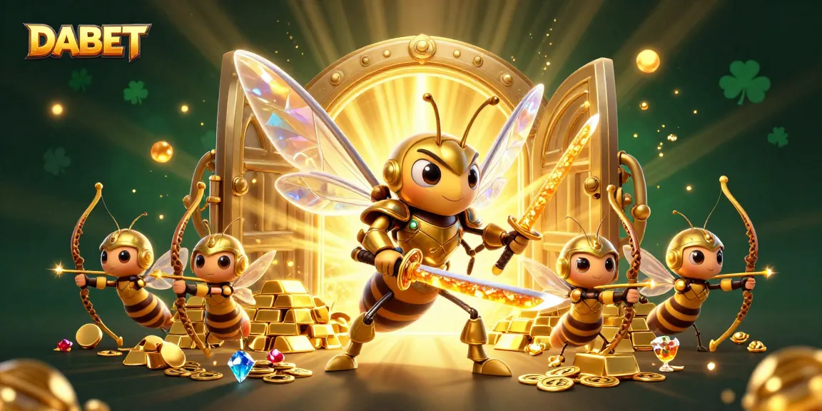 DABET captures the thrill of gaming with golden hornets and treasure vaults in a vibrant casino scene.