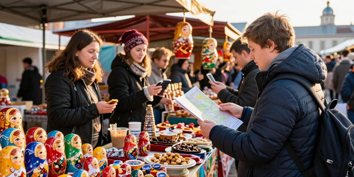 Markt in Rusland met een reiziger die betaalt met https://payinrussia.com/ en lokale producten verkent.