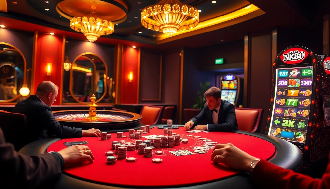 High-energy casino scene with players enjoying poker at https://nk88s.net/, surrounded by vibrant gaming elements.