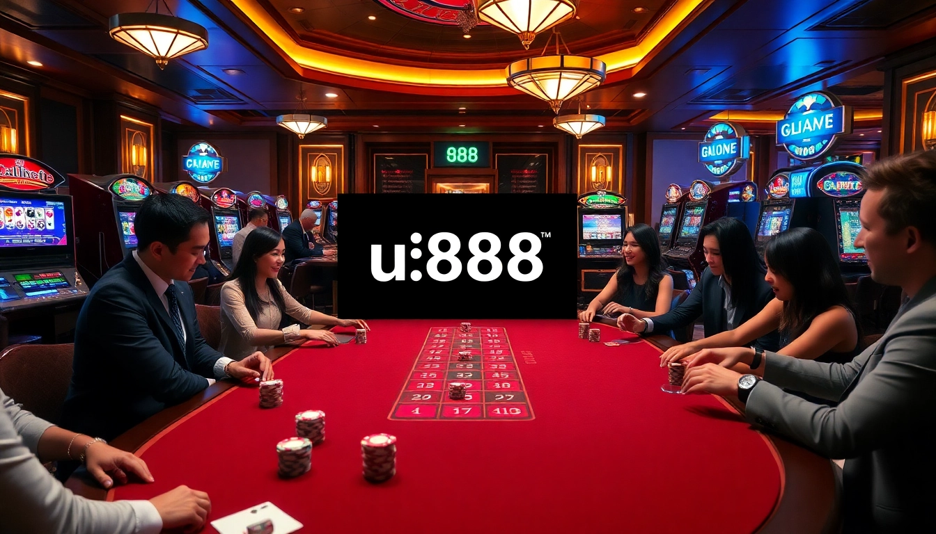 Players enjoy thrilling games at u888 Casino with vibrant slot machines and elegant tables.
