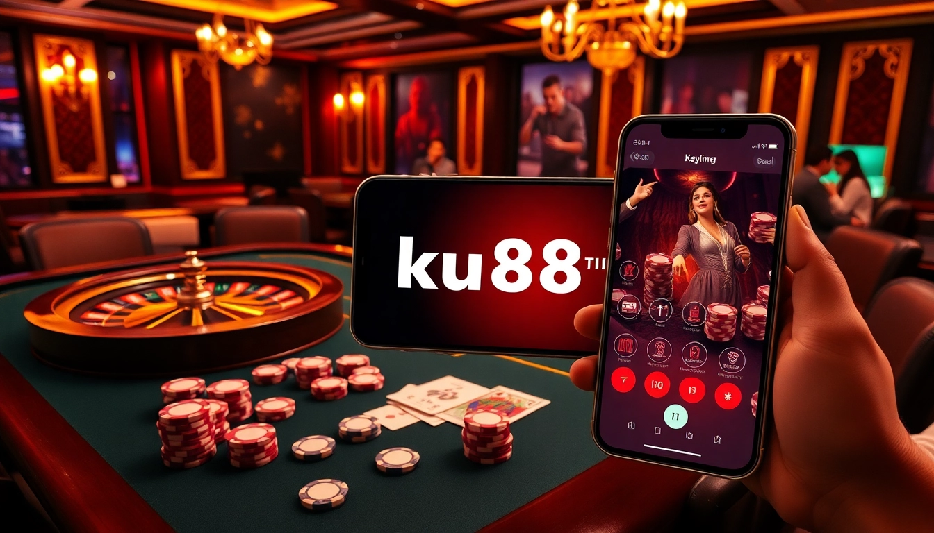 Tải ku88 with an engaging casino scene showcasing poker chips, cards, and roulette excitement.