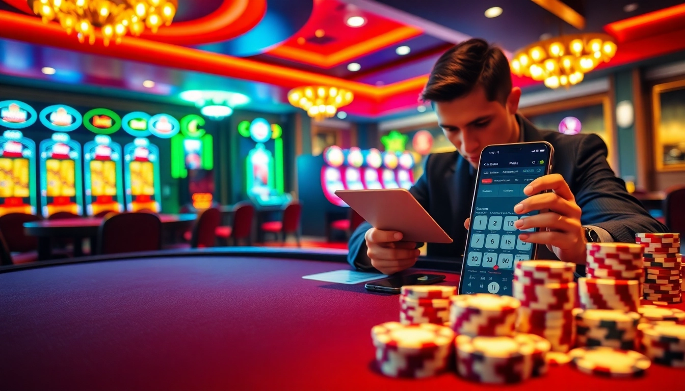 Experience the elegance of nhà cái lu88 through a vibrant casino scene filled with poker chips, slots, and roulette.