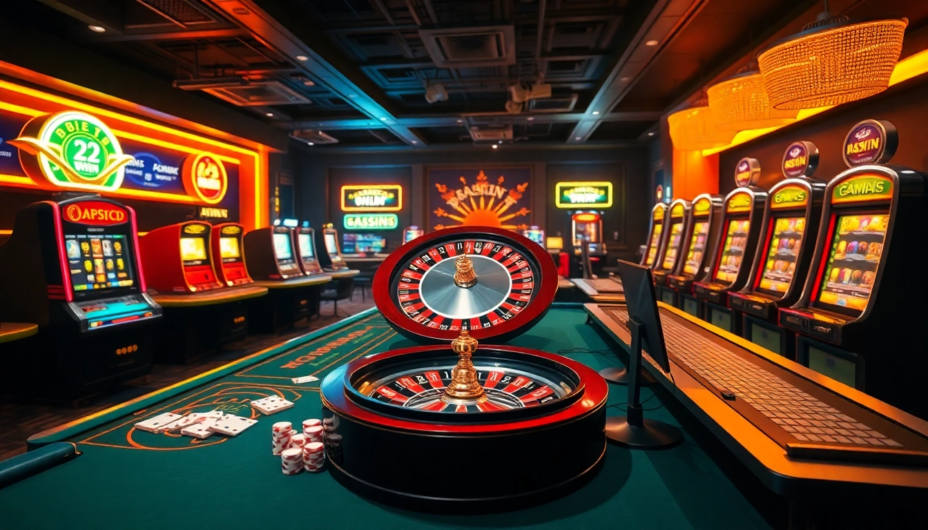 23win players enjoying a vibrant casino scene with a roulette wheel, poker tables, and glowing slot machines.