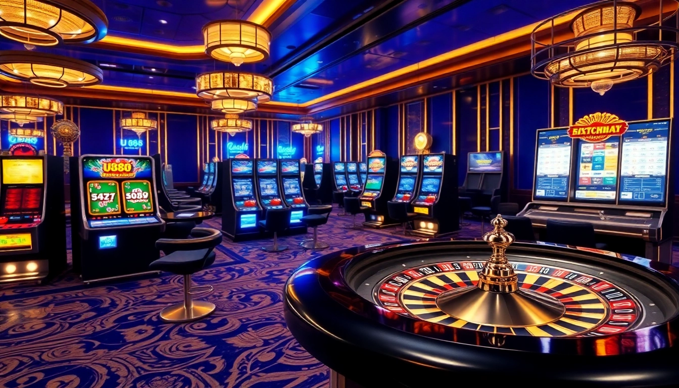 Players celebrating wins on the u888 page with casino tables and vibrant slot machines.