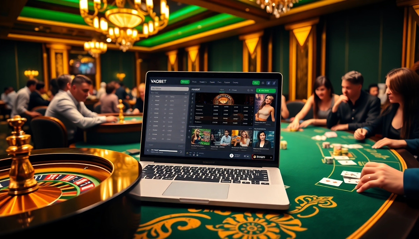 VAOBET online betting scene showcasing a stylish casino atmosphere with games and players.