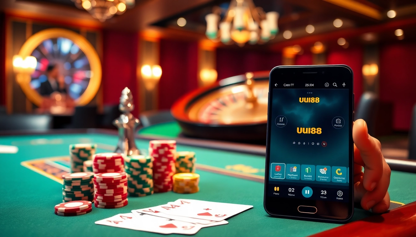The excitement of uu88 gaming displayed on a luxurious poker table surrounded by stunning casino elements.